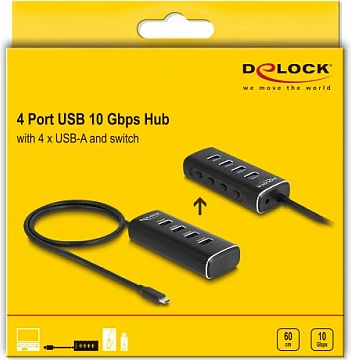 USB hub DeLOCK 4-port 10Gbps, USB-C në hyrje, 4x USB-A, kabllo 60 cm, metal, i zi