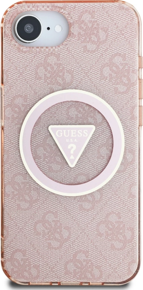 Mbështjellës Guess IML Metal Glitter 4G Circle Triangle MagSafe për iPhone 16e, Rozë