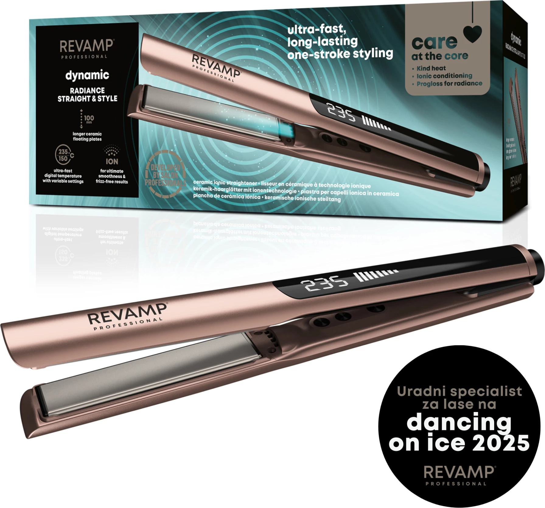 Hekur për drejtim flokësh Revamp Dynamic Radiance Straight & Style ST-1900GD, pllaka qeramike jonike 100 mm, 150–235°C, Ari
