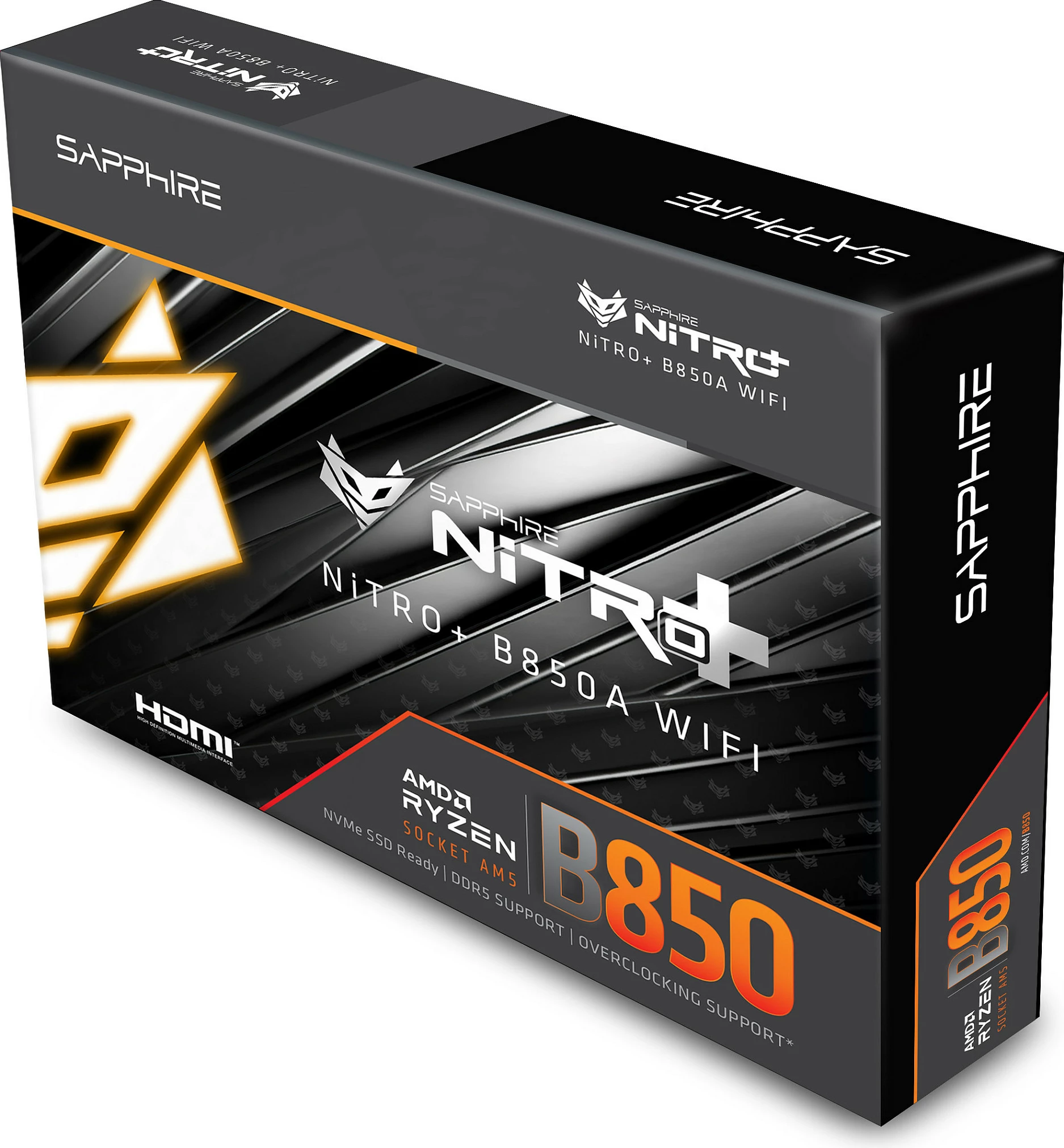 Pllakë amë Sapphire NITRO+ B850A, Socket AM5, DDR5 deri 256GB, Wi‑Fi 7, 2.5GbE, ATX, e zezë/gri