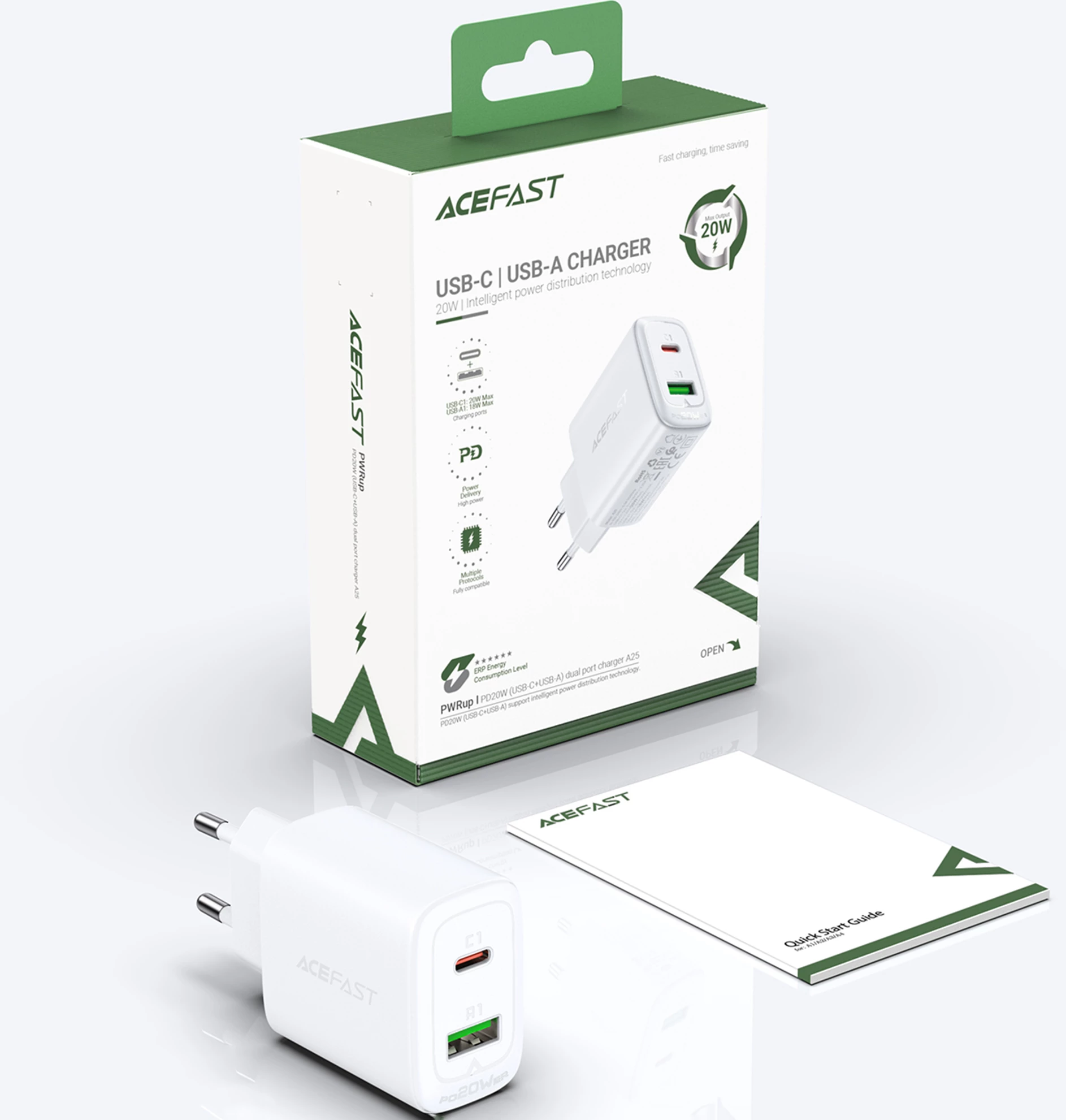 Karikues muri Acefast A25, 20W, USB-C/USB-A, i bardhë