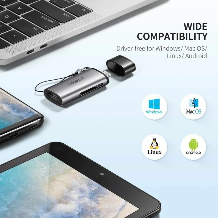 Lexues kartelash USB-C OTG UGREEN 50704, TF/SD, USB 3.1 5Gbps, dual-slot, gri, në kuti