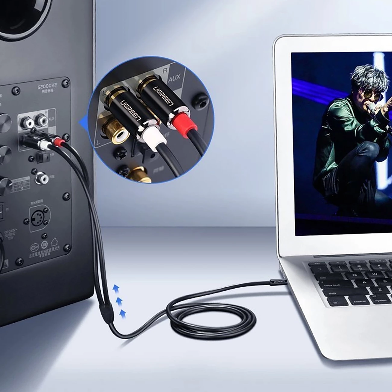 Kabllo audio Ugreen AV116 10584, mini jack 3.5mm në 2RCA, 2m, e zezë