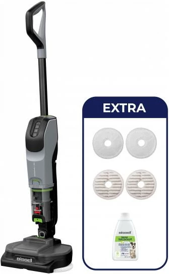 Pastruese dyshemeje me vakum dhe mop pa kabllo, Bissell SpinWave Vac Pet Pro 3898N, 3 moda, autonomi deri 70 min, për shtëpi me kafshë, e zezë/gri, set me jastëkë shtesë dhe solucion 236 ml