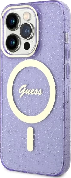 Mbështjellës Guess GUHMP14XHCMCGU për iPhone 14 Pro Max 6.7", Glitter Gold MagSafe, vjollcë