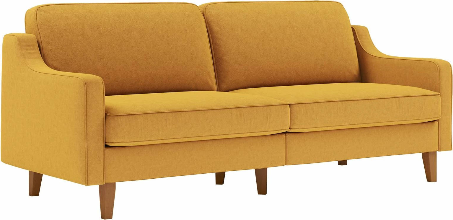 Divan treshe Robin 3, ngjyrë mustard, këmbë druri walnut