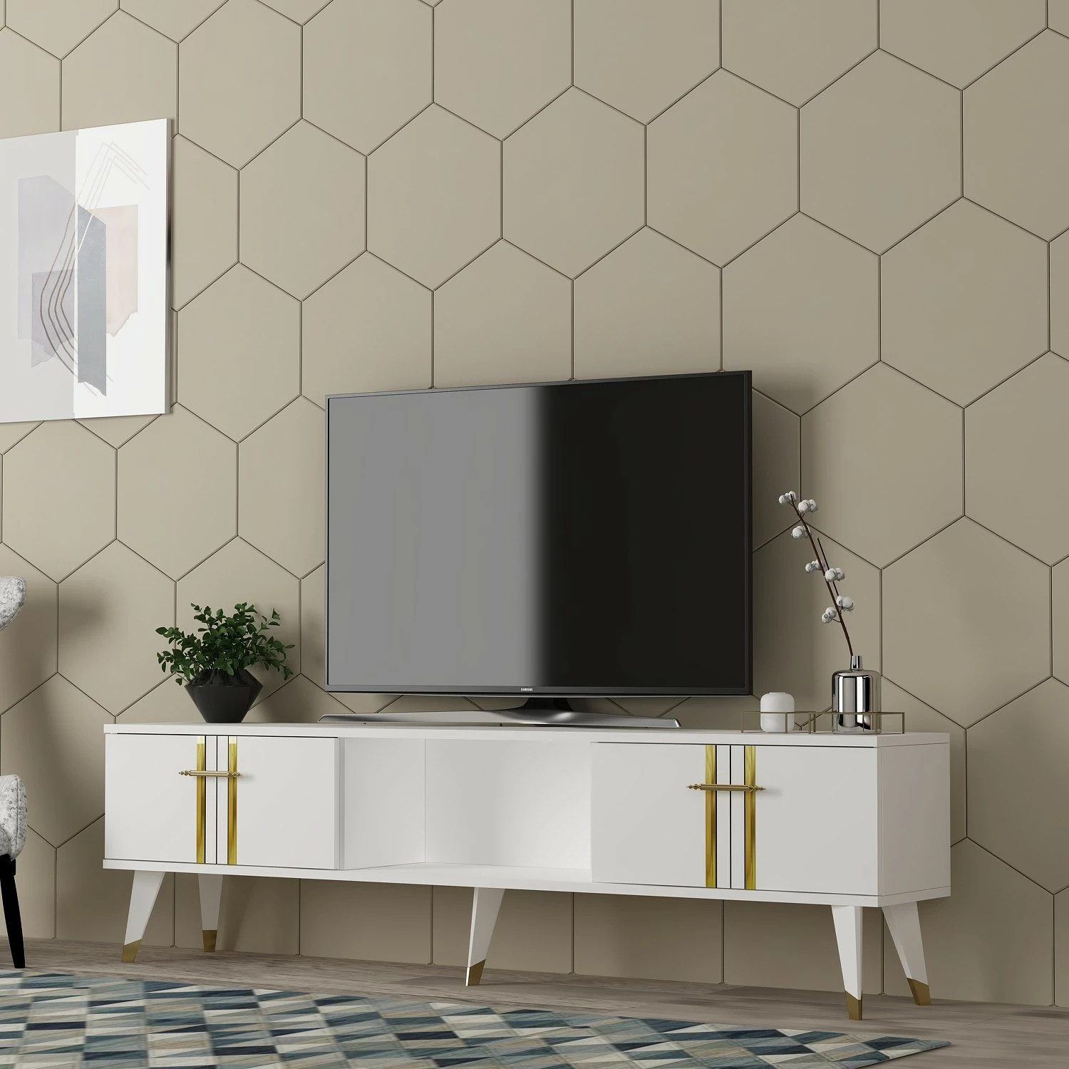 Komodë TV Hanah Home, Asel, e bardhë, ari