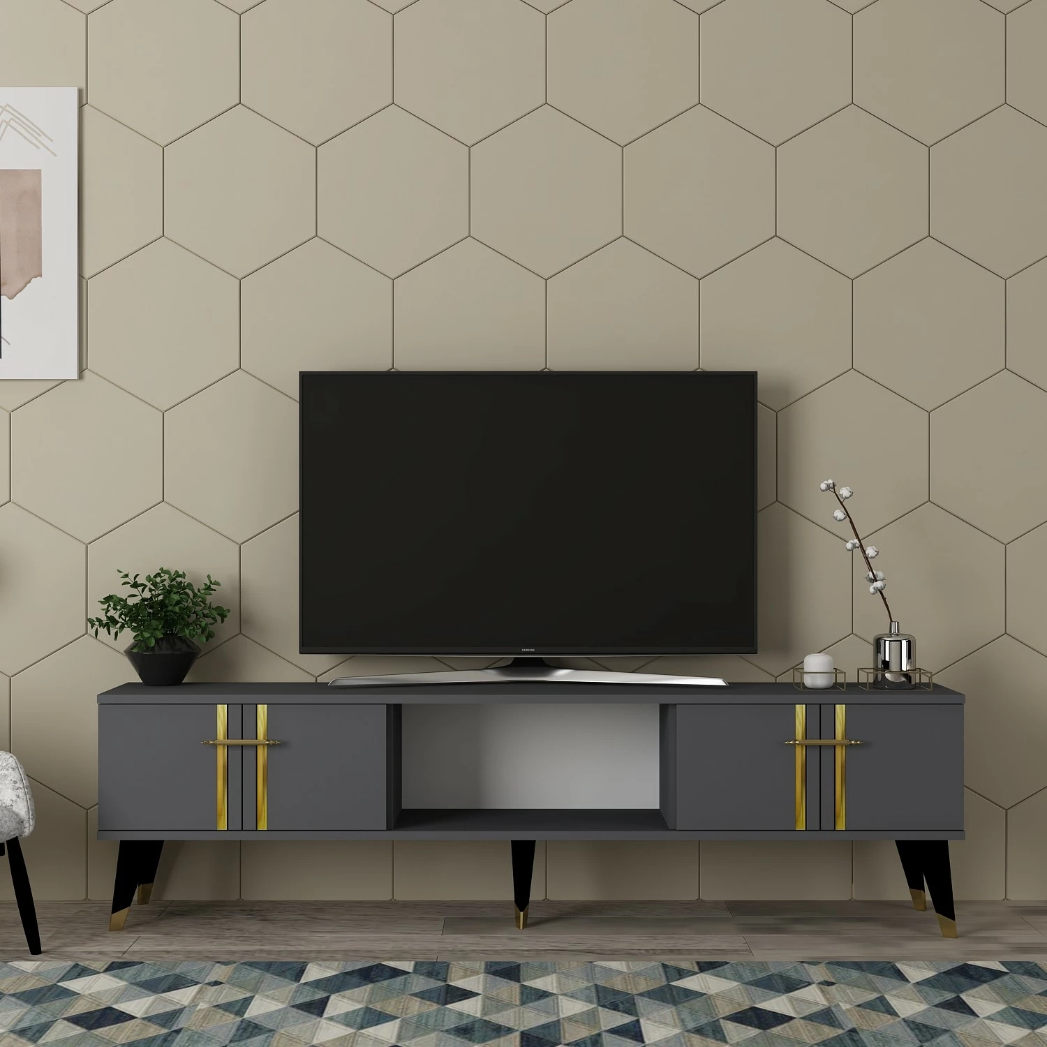 Komodë TV Skye Decor, anthracite, gold, Asel