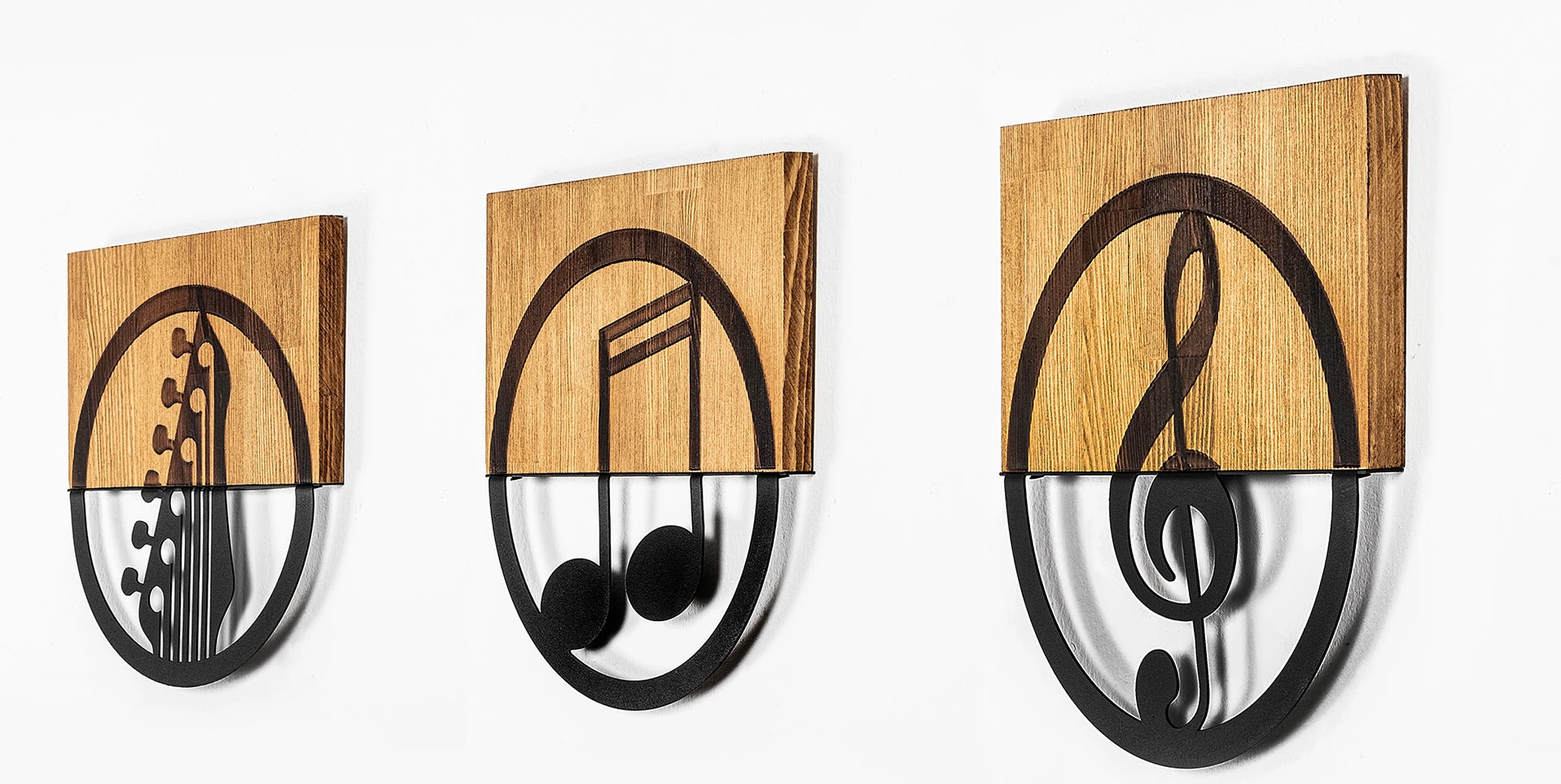 Aksesor dekorativ për mur, dru dhe metal, motive muzikore, Wallity, Just Music, 3 copë, 25x3x27cm