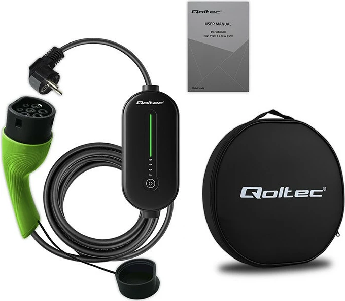 Karikues mobil EV, Qoltec 52434, Type 2, 3.5kW 230V, 8-16A, LCD/LED, kabllo 5m, IP65, zi/jeshile