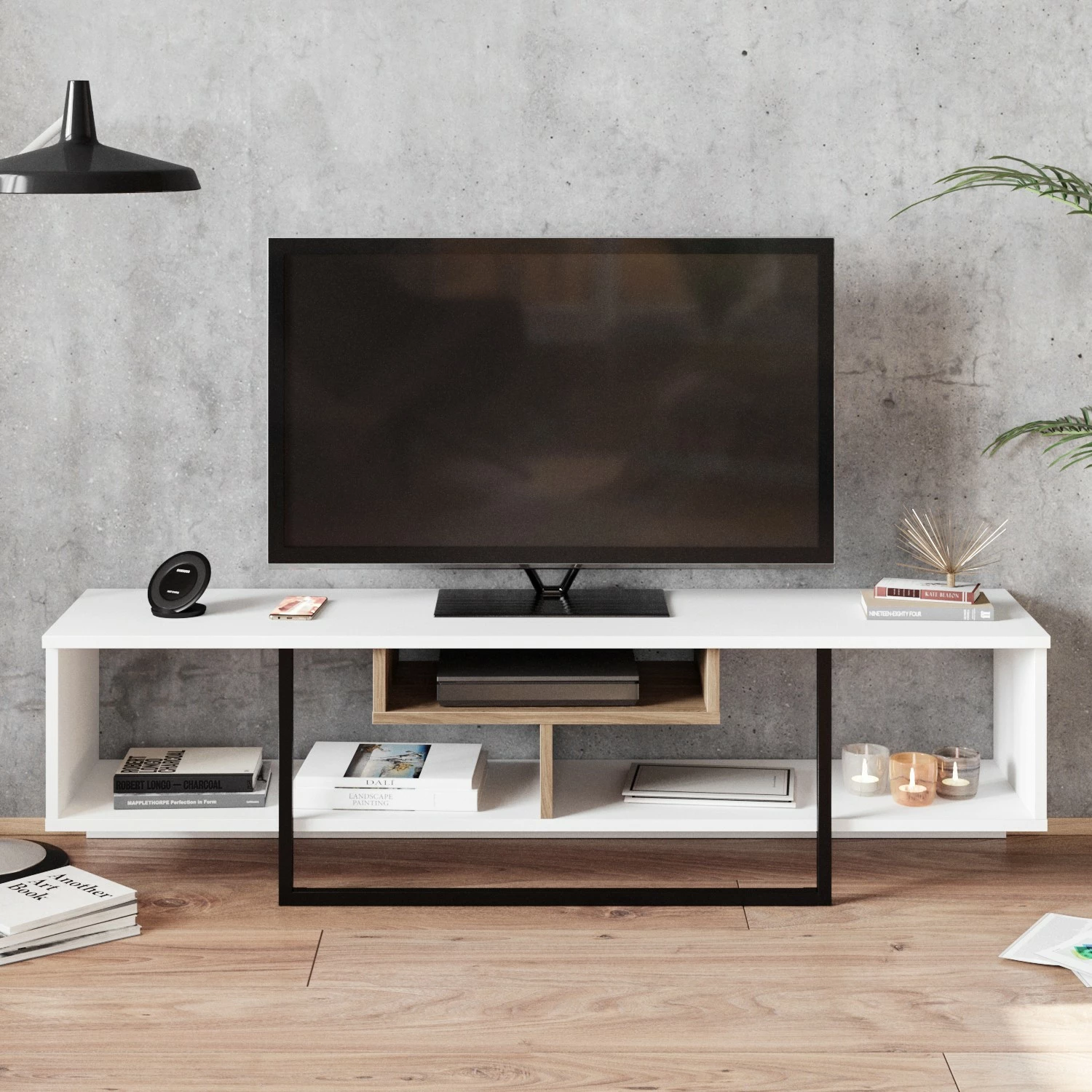 Komodë TV, Skye Decor, e bardhë, dru, e zezë, 150cm