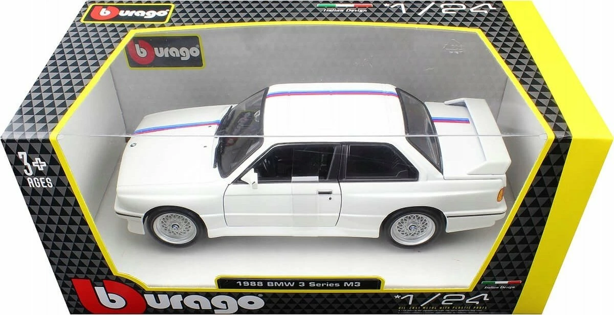 Model makine Bburago BMW 3 Series M3 1988 (E30) 1:24, metal, dyer të lëvizshme, 18.5 cm, e bardhë