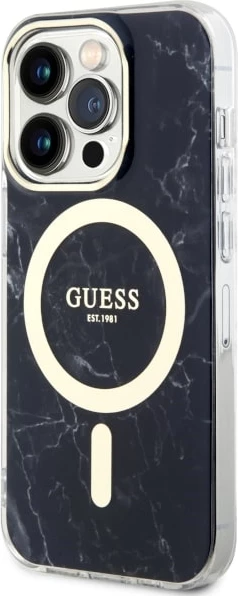 Mbështjellës Guess GUHMP14LPCUMAK për iPhone 14 Pro 6.1", MagSafe, mermer, zi