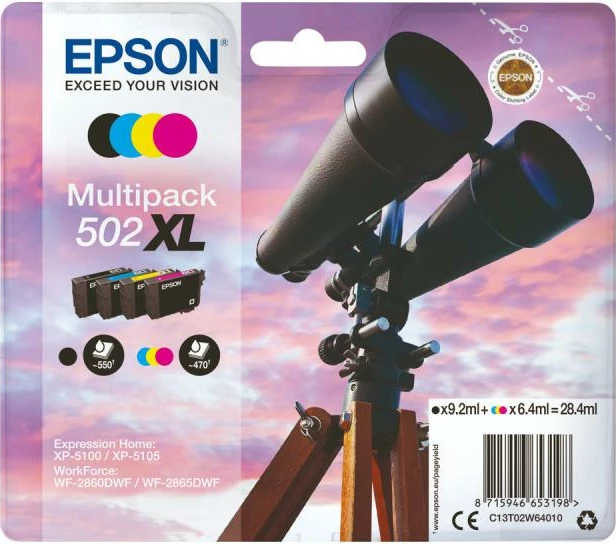 Kartush boje, Epson 502XL (C13T02W64010), kapacitet i lartë XL, origjinal, CMYK 4‑ngjyra, multipack