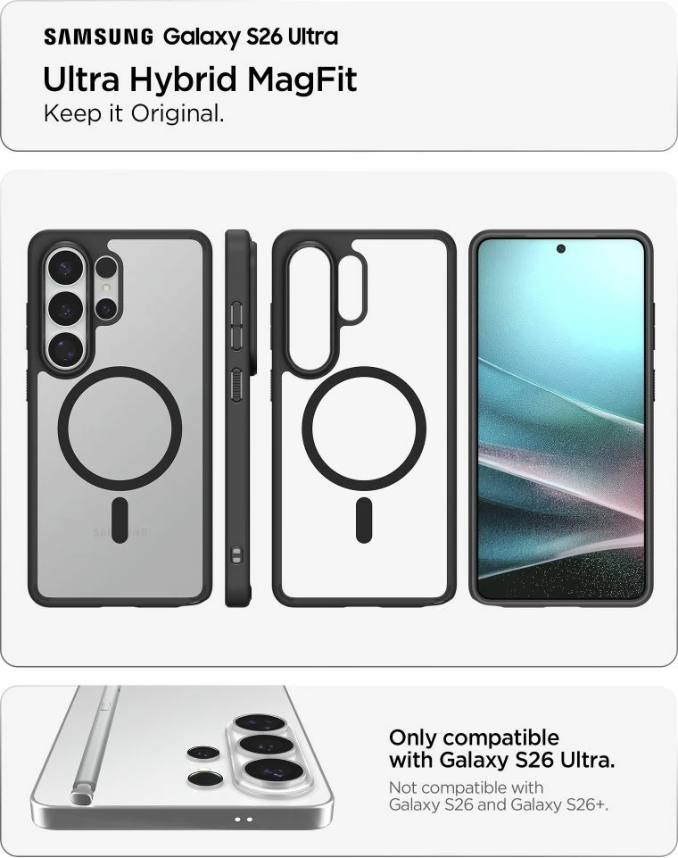 Mbështjellës Spigen Ultra Hybrid MagSafe për Samsung Galaxy S26 Ultra, dizajn hibrid TPU+PC, kompatibil me MagSafe, transparent i zi (Clear Black), 1 copë