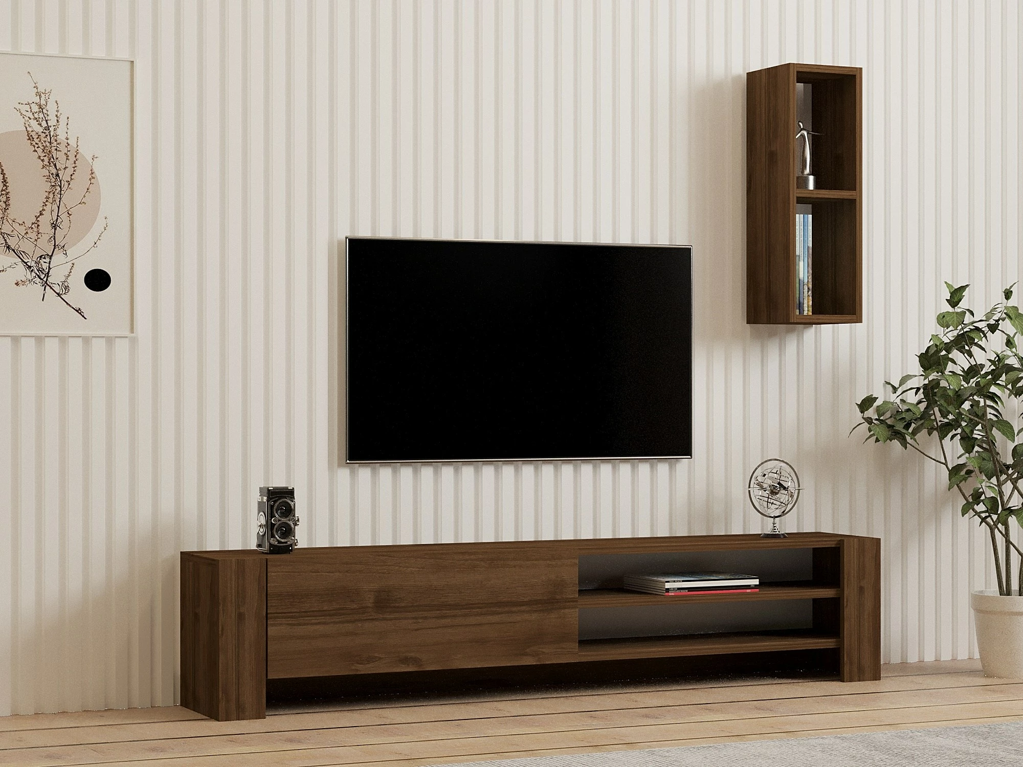Komodë TV Skye Decor, ngjyrë arre, me rafte dhe raft muri, Naz