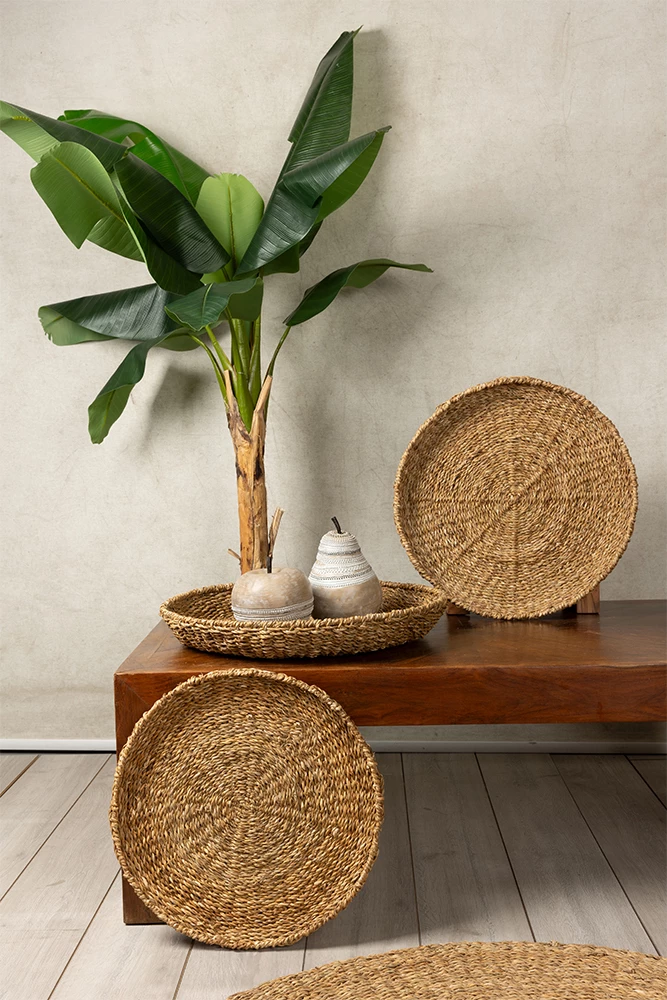 Set tabakash NEREA, 3 copë, kashtë deti natyrale, metal, 55x55x8cm