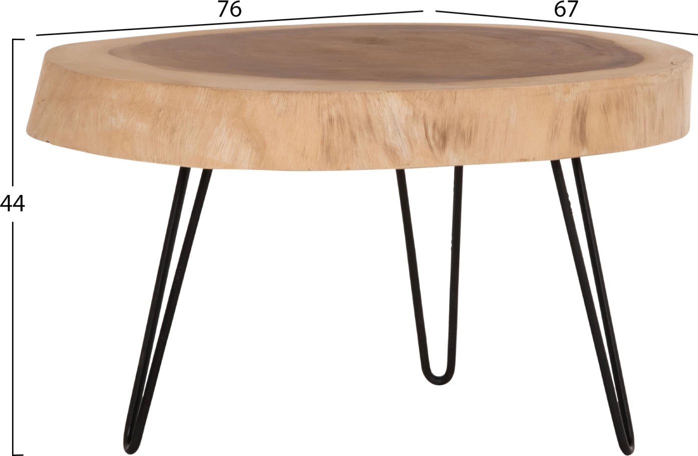Tavolinë kafeje SERVON, dru suar natyral, këmbë metalike të zeza, 76x67x44cm