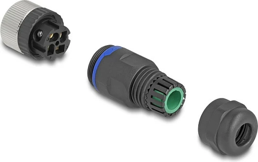 Konektor DeLOCK M12 A-coded 4-pin femër, cross-connector, IP67, metal, zi/argjend
