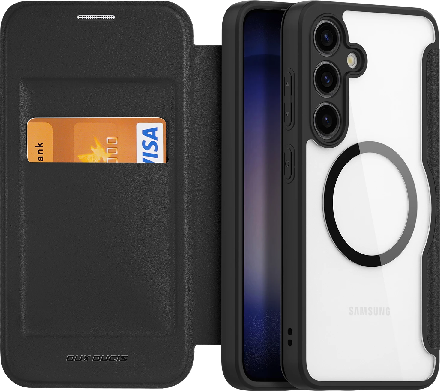 Mbështjellës Dux Ducis Skin X Pro për Samsung Galaxy S24, me unazë magnetike dhe kapak, i zi