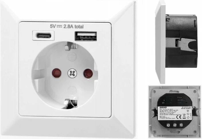 Prizë elektrike Orno OR-AE-13232(GS), Schuko 2P+Z, USB-A + USB-C, 16A, 5V/2.8A, e bardhë, 1 copë