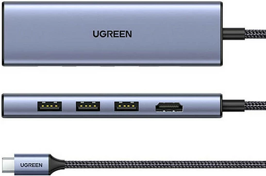 Hub USB-C Ugreen CM511, 6-në-1, HDMI 4K, 3x USB-A, lexues SD/TF, argjendtë