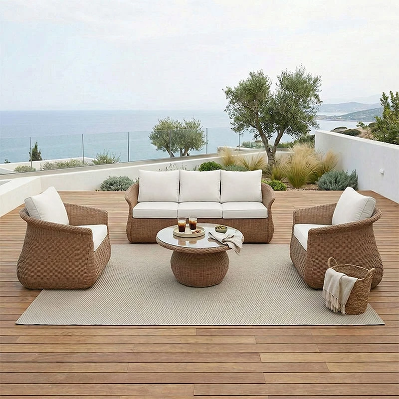 Set lounge Tropicana për kopsht, 4 pjesë, ratan kafe, material bezhë