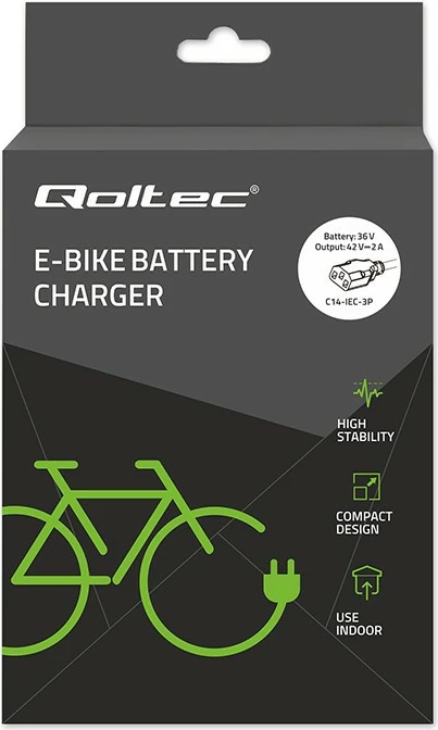 Karikues biçiklete elektrike, Qoltec, 52617, dalje 42V 2A 84W për bateri 36V Li-ion, prizë C14-IEC-3P me kabllo rryme, e zezë