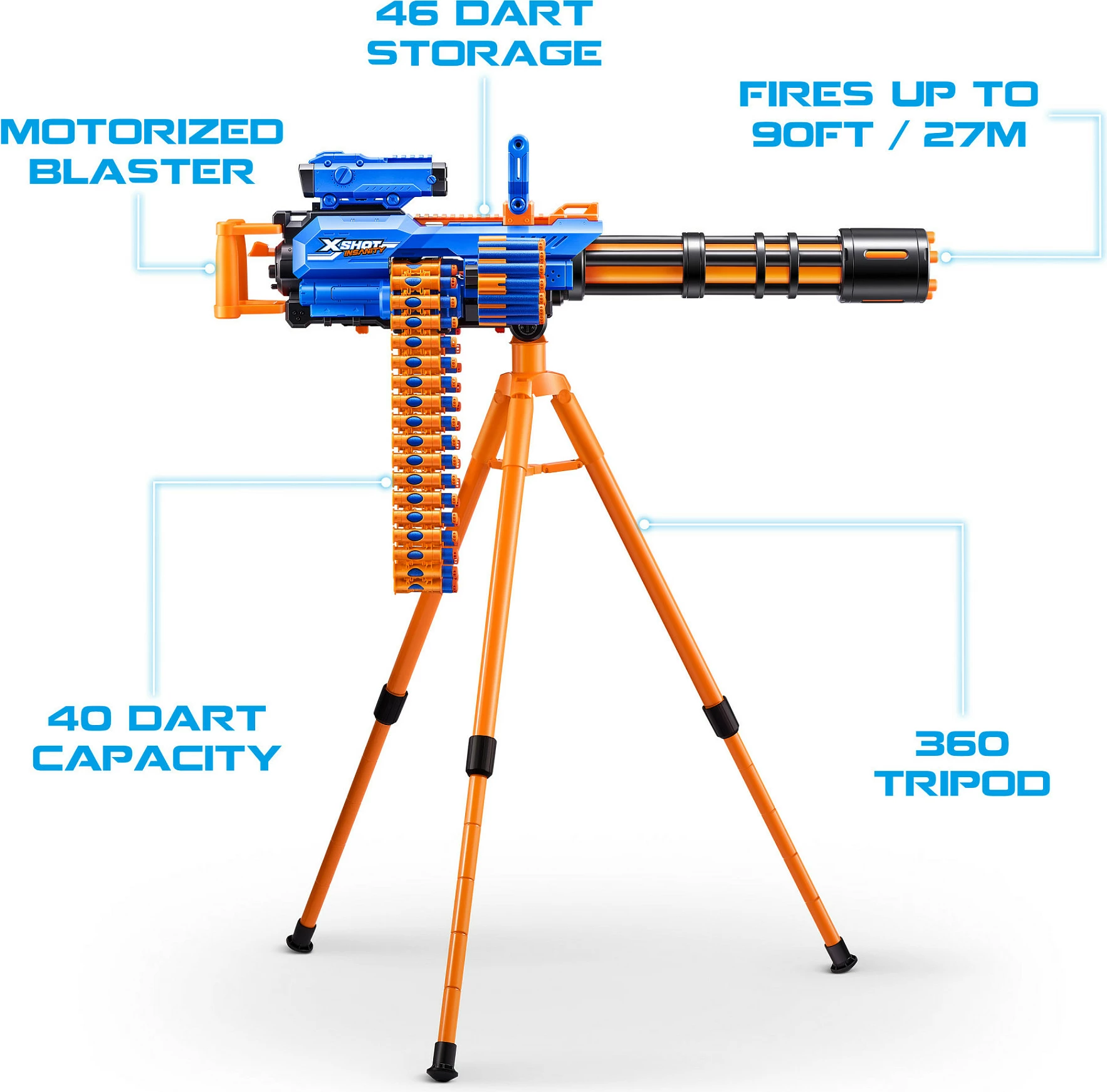 Blaster lodër ZURU XSHOT Insanity Motorized Rage Fire, 72 darts, me tripod, blu/portokalli