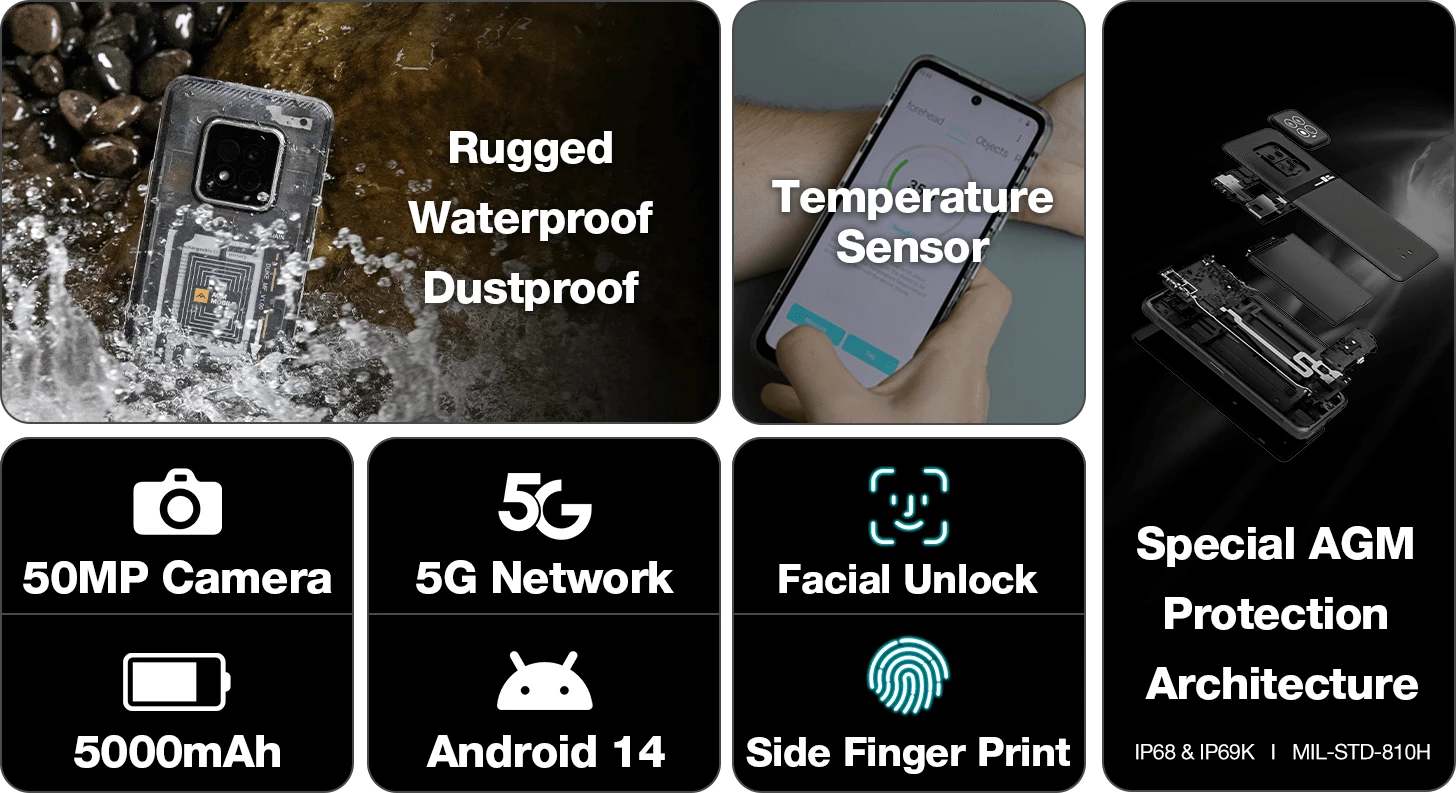 Celular AGM X6 Phantom 5G 8GB/128GB Dual SIM Android 14 6.78\" FHD+ kamerë 50MP Dual AI, i zi