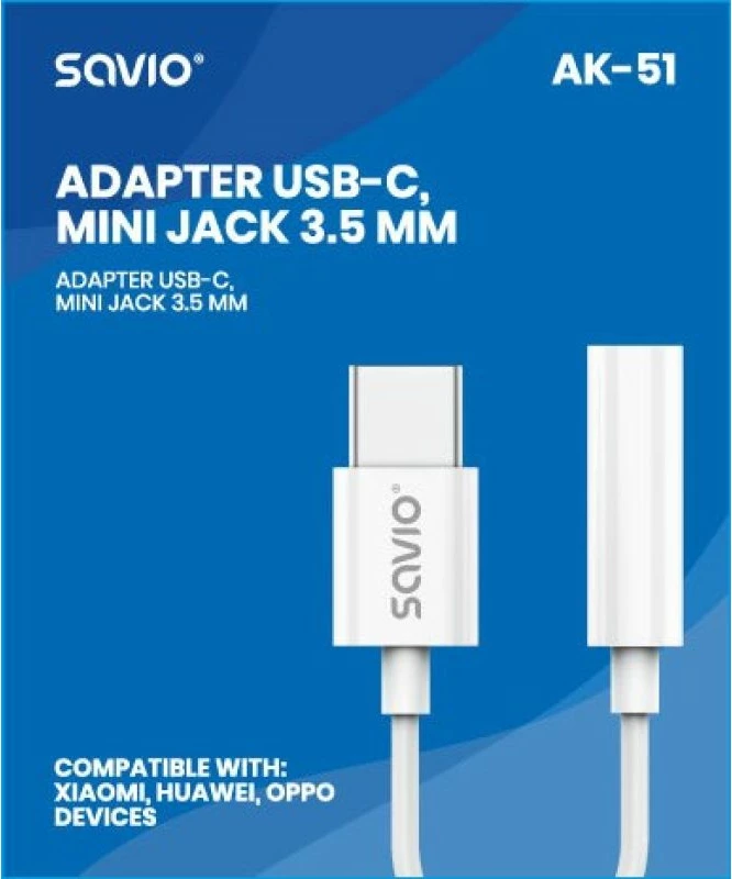 Adapter Savio AK-51 USB-C në mini jack 3.5mm, i bardhë
