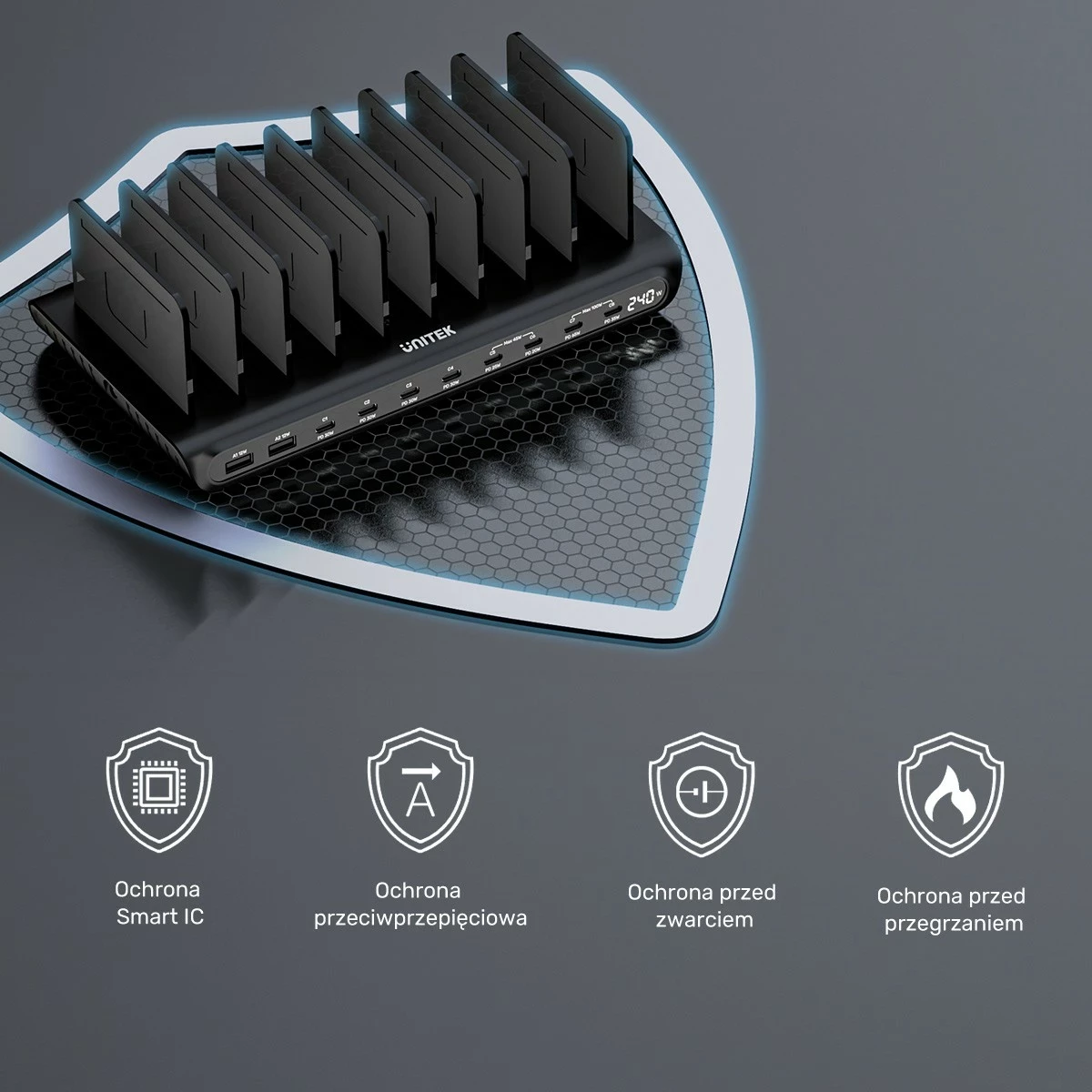 Stacion karikimi Unitek 10 porta, USB-C/USB-A, 240W, e zezë