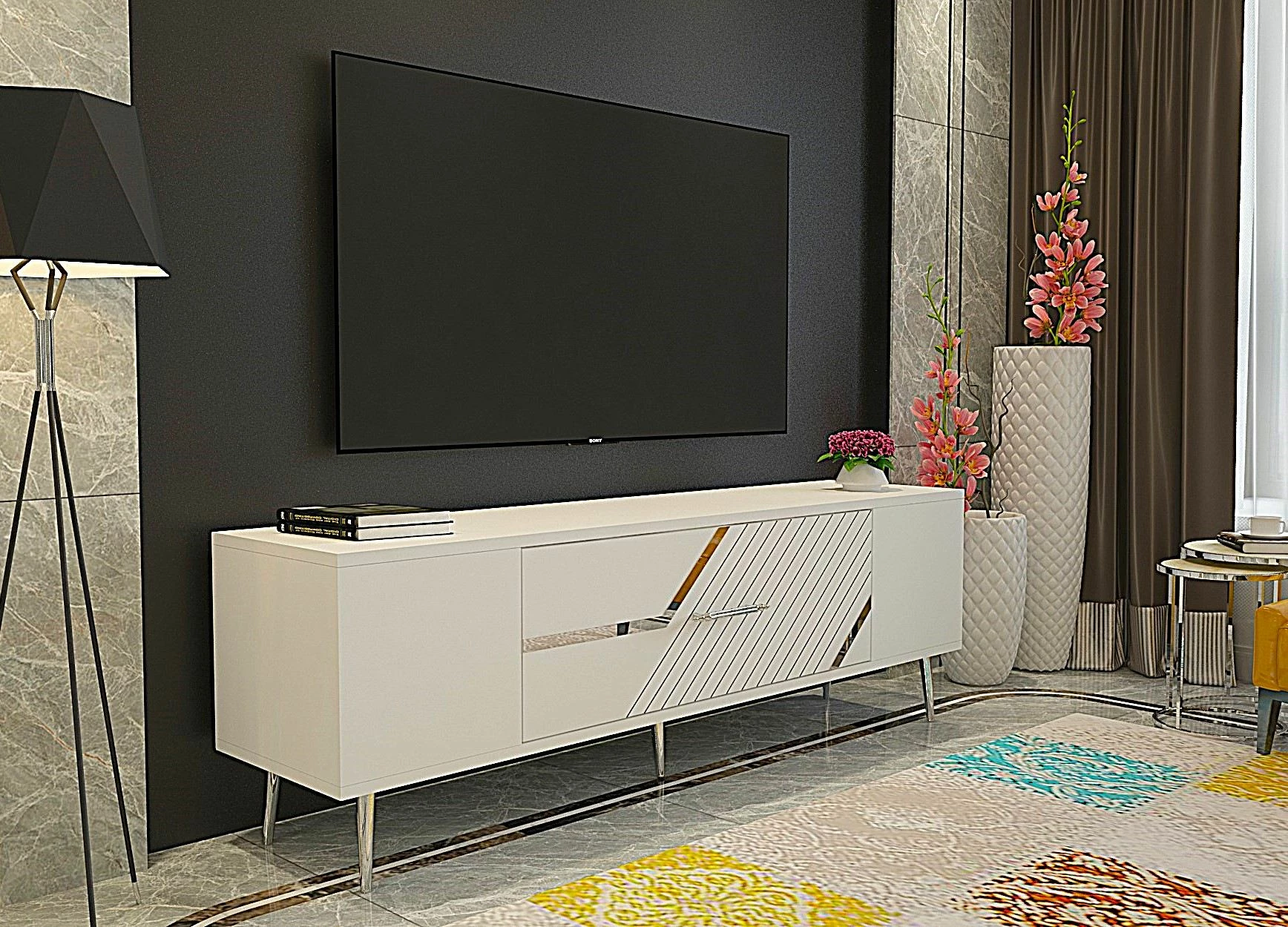 Komodë TV Skye Decor, e bardhë, argjend