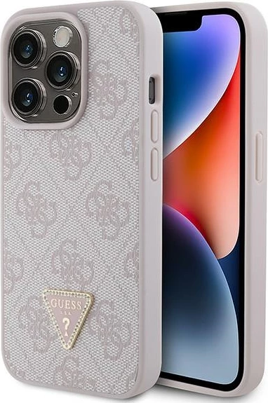 Mbështjellës Guess Leather 4G Triangle Strass për iPhone 15 Pro, Rozë