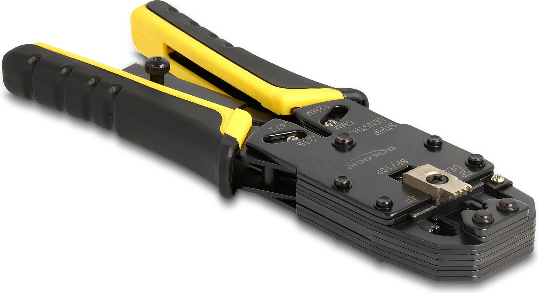 Krimpues kabllash DeLOCK, për RJ50/RJ45/RJ12/RJ11, me abisolues, zi/verdhë