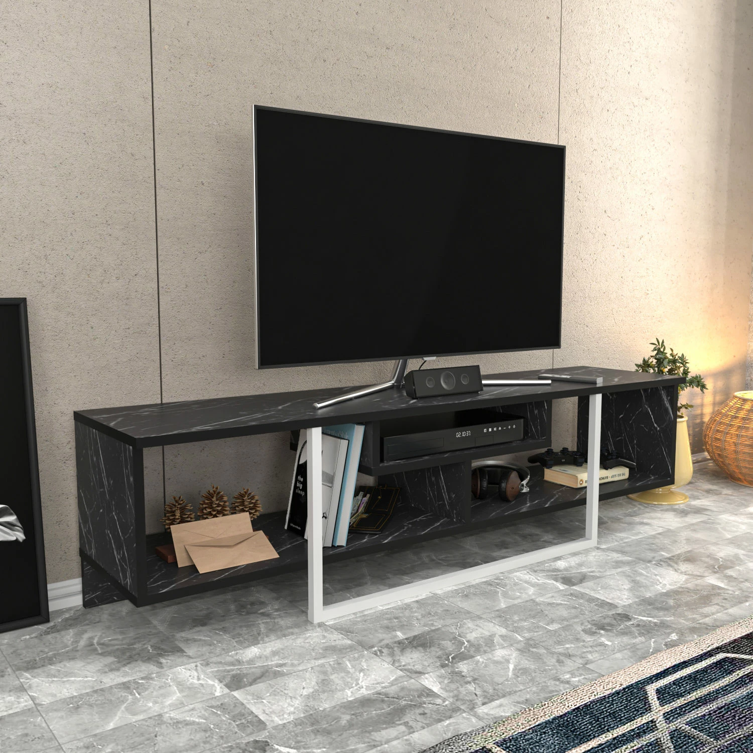 Komodë TV Skye Decor, Asal 150, e zezë dhe e bardhë