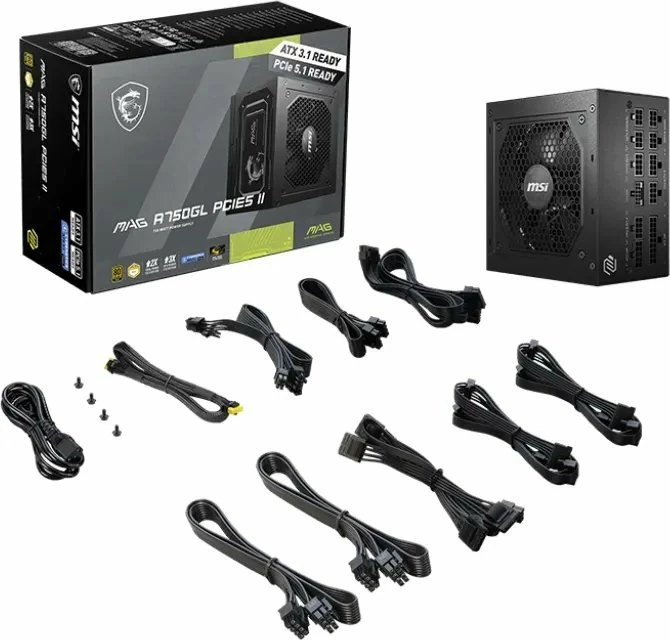 Furnizues rryme MSI MAG A750GL PCIE5 II 750W, 80 Plus Gold, ATX 3.1, modular i plotë, i zi
