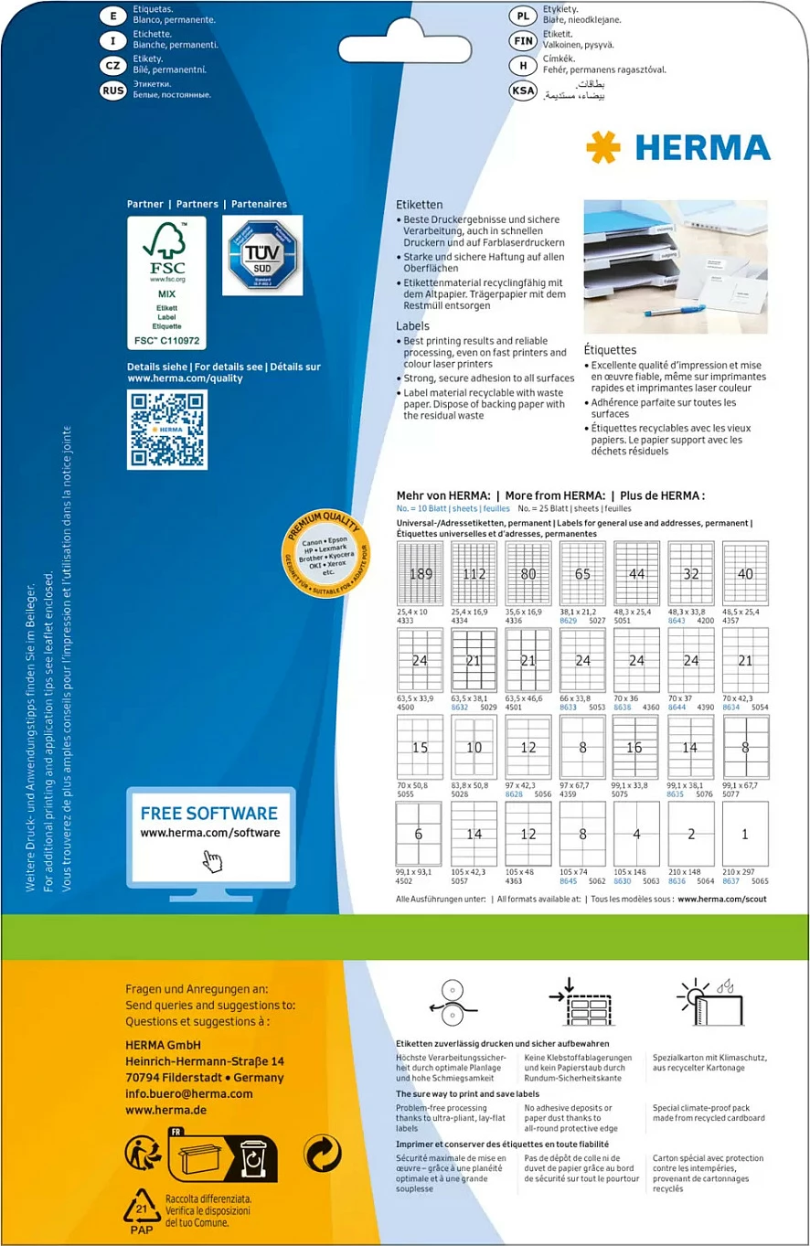 Etiketa adrese HERMA Premium No.4500, A4, 63.5 x 33.9 mm, 600 copë, të bardha