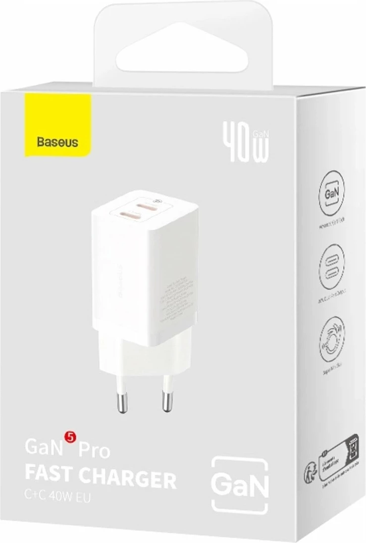 Adapter rryme Baseus GaN5 Pro 40W 2xUSB-C, i bardhë