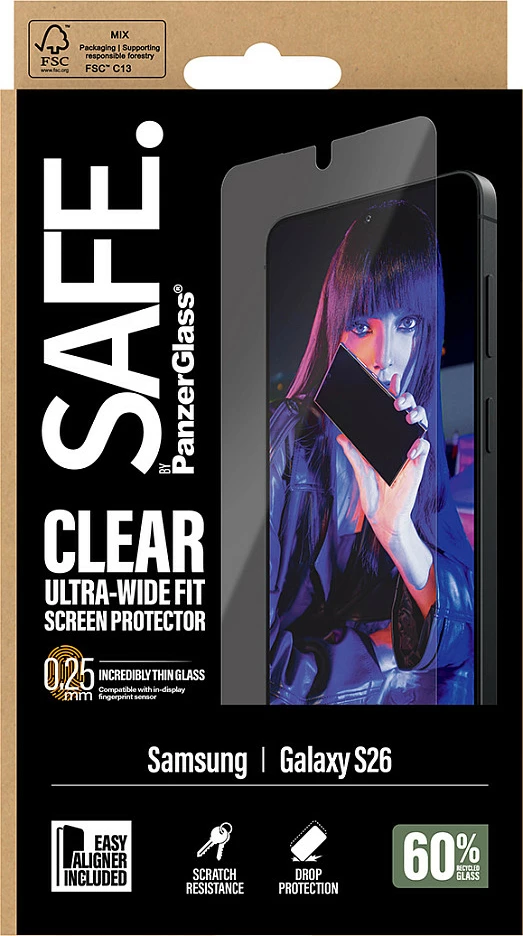 Mbrojtëse ekrani PanzerGlass SAFE., për Samsung Galaxy S26, Ultra-Wide Fit, EasyAligner, transparente