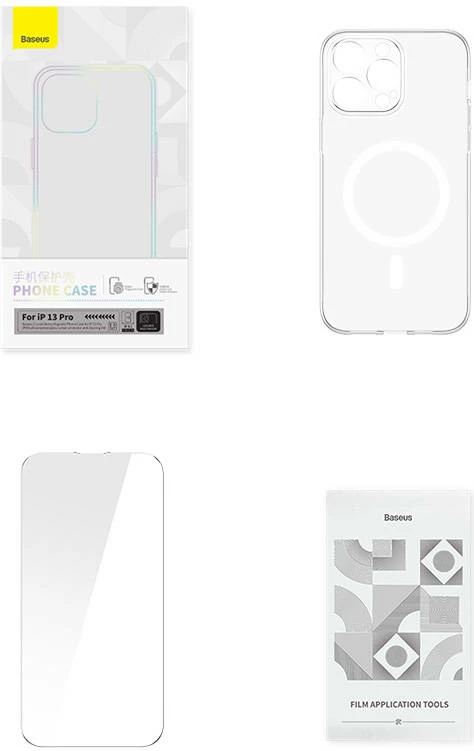 Mbështjellës Baseus Magnetic Crystal Clear për iPhone 13 Pro, transparent, me xham të fortë dhe set pastrimi