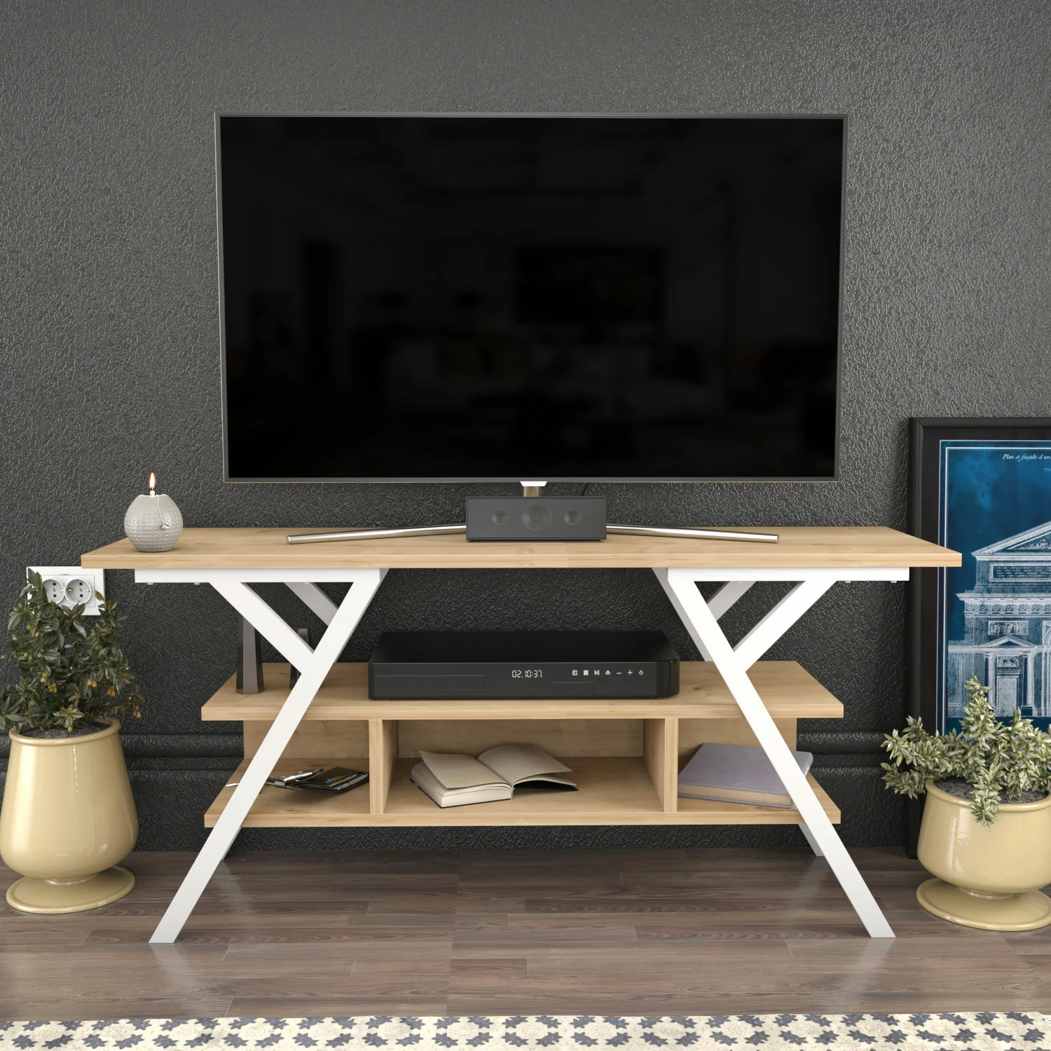 Komodë TV Skye Decor, Minerva, e bardhë dhe lis