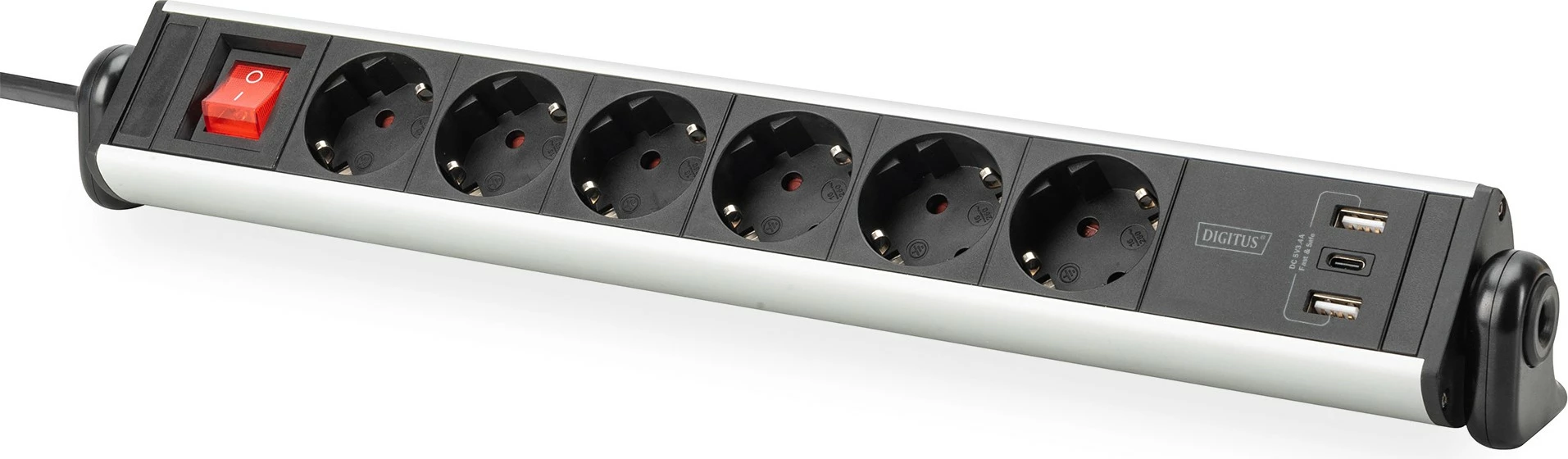 Rrymë shirit Digitus 6-porta me 3x USB, 1.5 m, e brendshme, Type F, alumini, e zezë, argjend