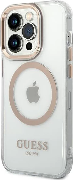 Mbështjellës Guess GUHMP14LHTRMD për iPhone 14 Pro 6.1", Metal Outline Magsafe, Transparent/Gold