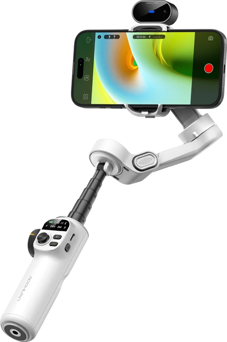 Gimbal AOCHUAN Smart X2 3-aksësh me AI sensor, krah zgjatues 20 cm, 55–90 mm / 330 g, i bardhë, set me tripod