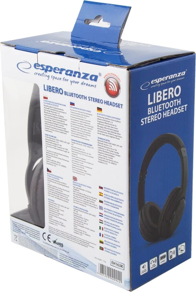 Kufje wireless Esperanza Libero EH163K, head-band, Bluetooth, 10 orë, e zezë
