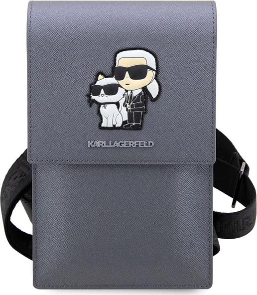 Çantë telefoni Karl Lagerfeld Saffiano Karl & Choupette, argjendtë