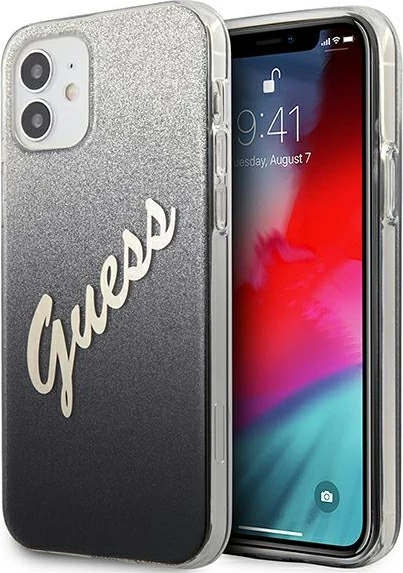Mbështjellës Guess GUHCP12SPCUGLSBK për iPhone 12 mini 5.4", hardcase TPU/PC, Glitter Gradient Script, i zi