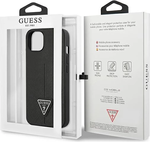 Mbështjellës Guess Saffiano Triangle për iPhone 13 mini, i fortë, i zi