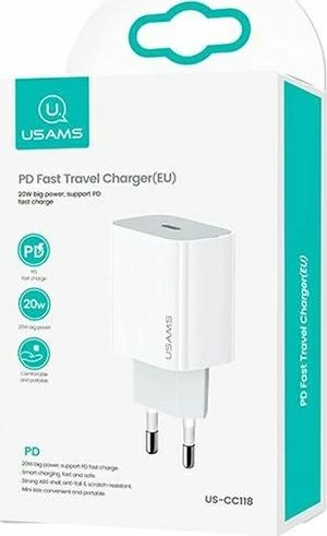 Karikues rrjeti Usams T34 US-CC118 (CC118TC01) USB-C PD 20W 3A, i bardhë, pa kabllo